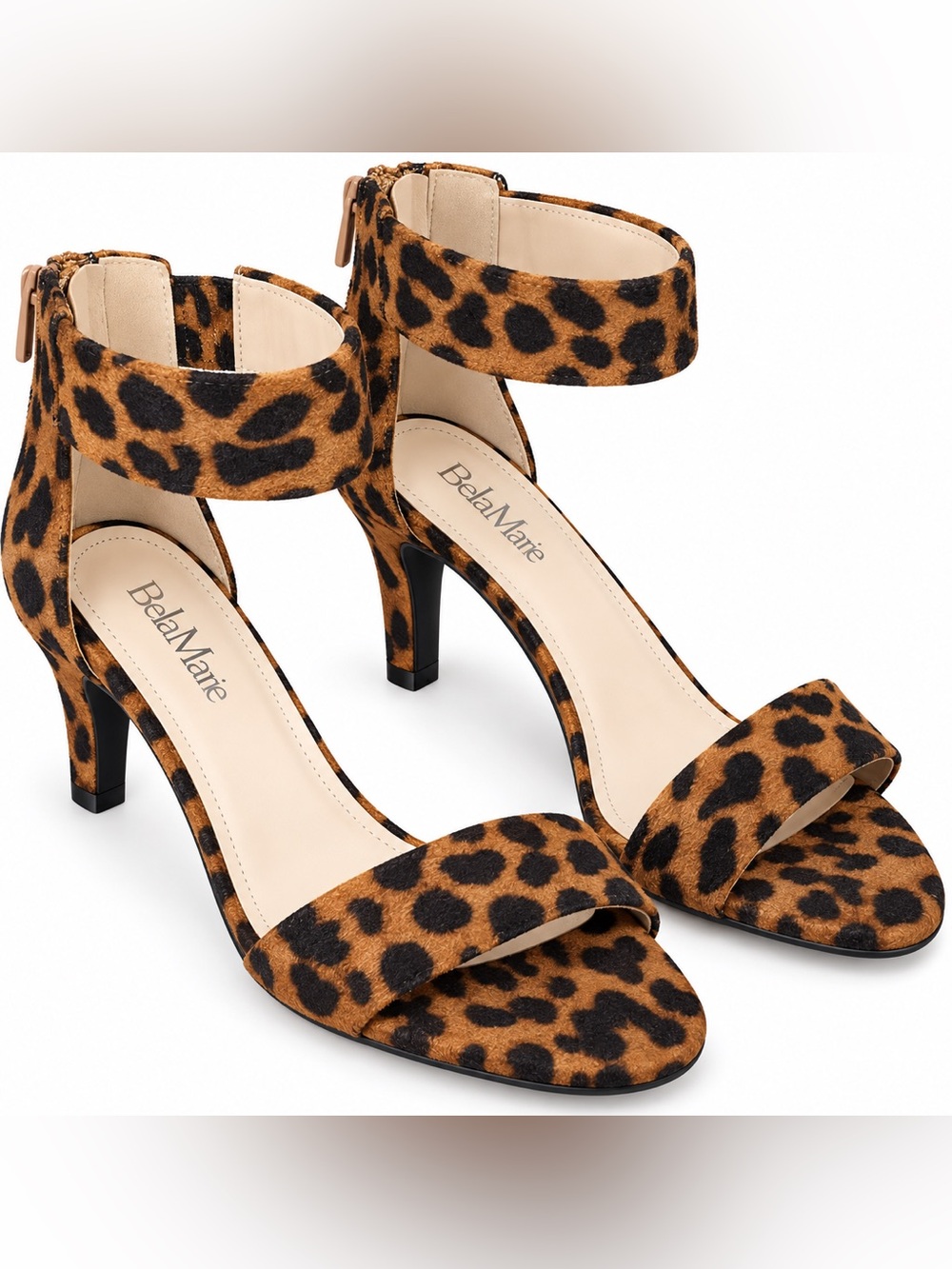 Bella Marie Leopard Print Brown and Black Ankle Strap Heels Size 8